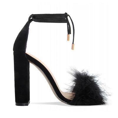 Faux Fur High Heels with Ankle Laces for Women