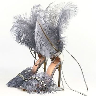 Sexy Fur High Heel Gladiator Sandals Women Stiletto Cross-tied Pumps Crystal Open Toe Bling Rhinestone Stage