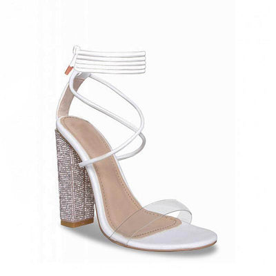 2019 Summer Fashion White Transparent Belt Thick-heeled High-heeled Sandals with Open-toed Crystal-heeled Women's Shoes