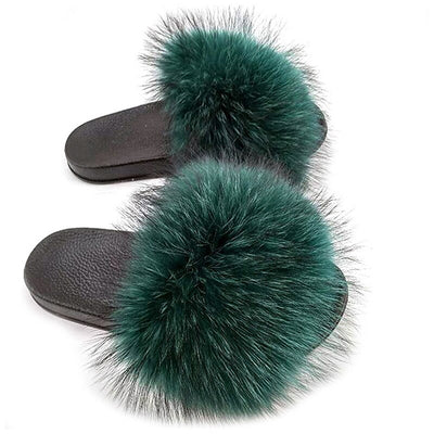 2019 Women Spring Summer Women Real Fox Fur Feather Vegan Leather Open Toe Single Strap Slip On Sandals Multicolor for Indoor