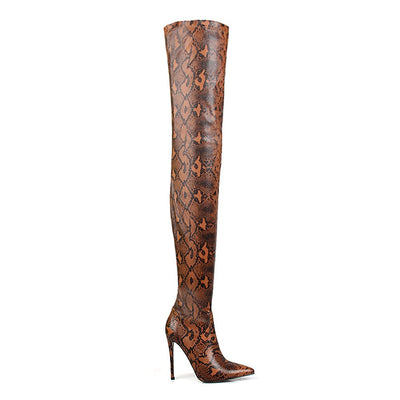 High Over the Knee Boots for Women Shoes Snakeskin Pointed Toe Super Thin High Heels Long Boots Bottine Femme