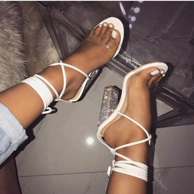 White Transparent Belt Thick-heeled High-heeled Sandals with Open-toed Crystal-heeled Women's Shoes