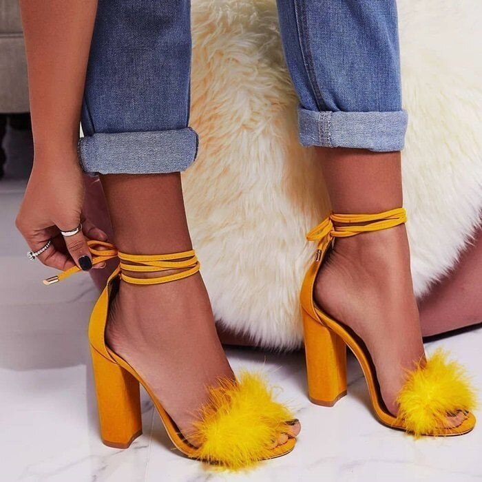 Faux Fur High Heels with Ankle Laces for Women