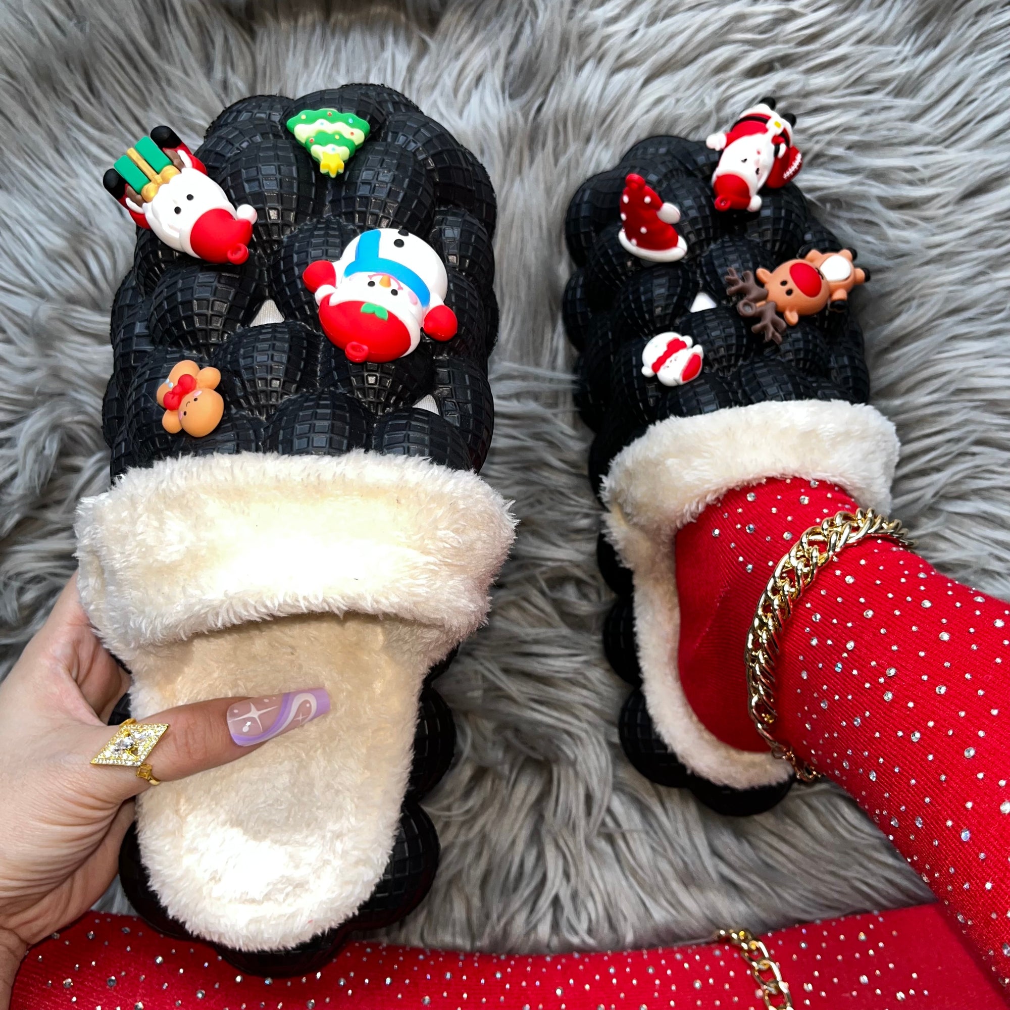 Black Furry House Slides for Chirstmas Funny DIY Bubble Slippers